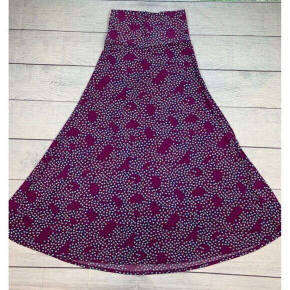 LuLaRoe Maxi Skirt sz S Little Hearts Pattern Stretch Pull on Purple Red Blue - Picture 1 of 7